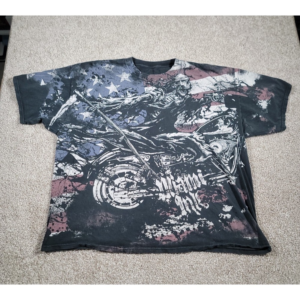 Miami Ink Shirt Y2K Vintage Skull Skeleton All Over Print Motorcycle XXL Mens